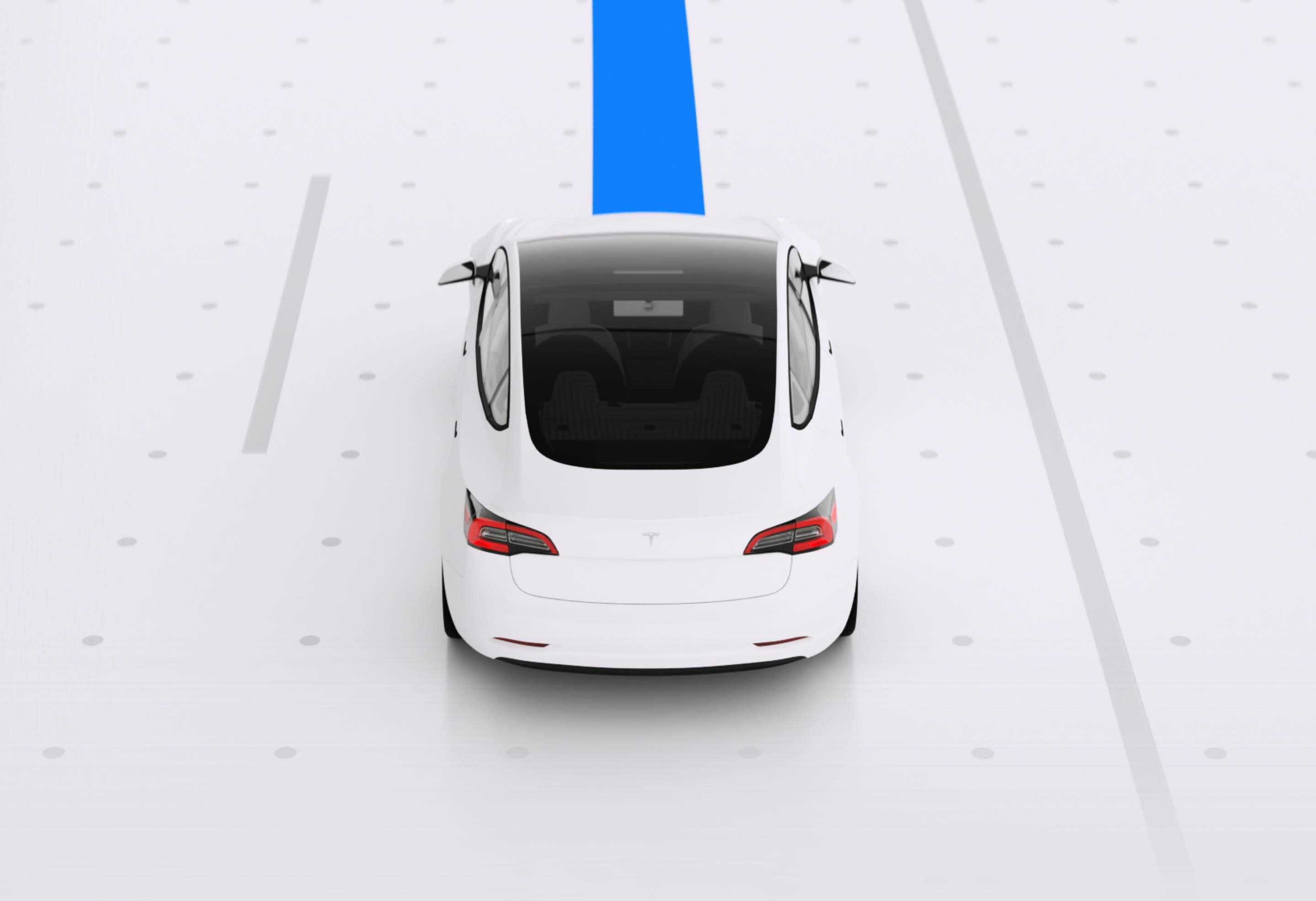 A white car on an empty highway with its planned path drawn ahead of it as a blue ribbon